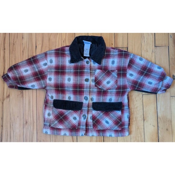 Vintage 90s Circo 2T Plaid Flannel Toddler Jacket Corduroy Collar Barn Coat Red - Picture 2 of 9